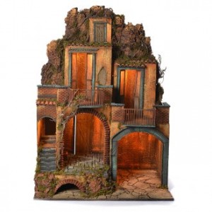 Pueblo con cueva belén napolitano 110x80x60 cm