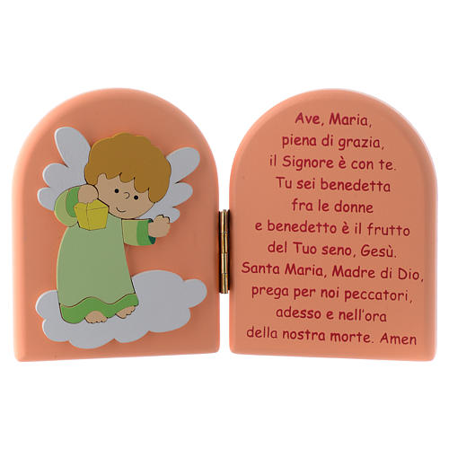 Diptico Ave Maria y angel verde madera rosa 10x15 cm