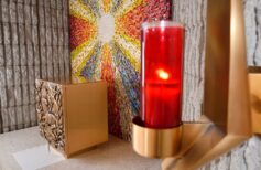 Red Sanctuary Lamp or Eternal Flame at the Tabernacle with bronz