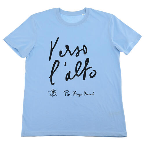 t shirt azul algodón bio estampado negro hacia lo alto pier giorgio frassati