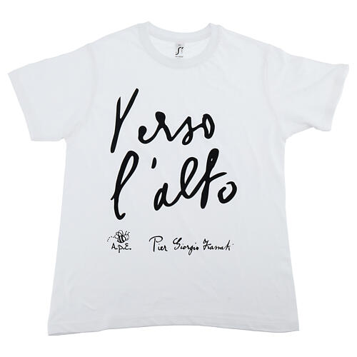 t shirt niño blanca algodón bio estampado negro hacia lo alto pier giorgio frassati
