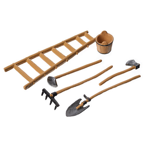 Herramientas de trabajo surtidas, 6 pdz, para belén de Moranduzzo con estatuas de 10 cm